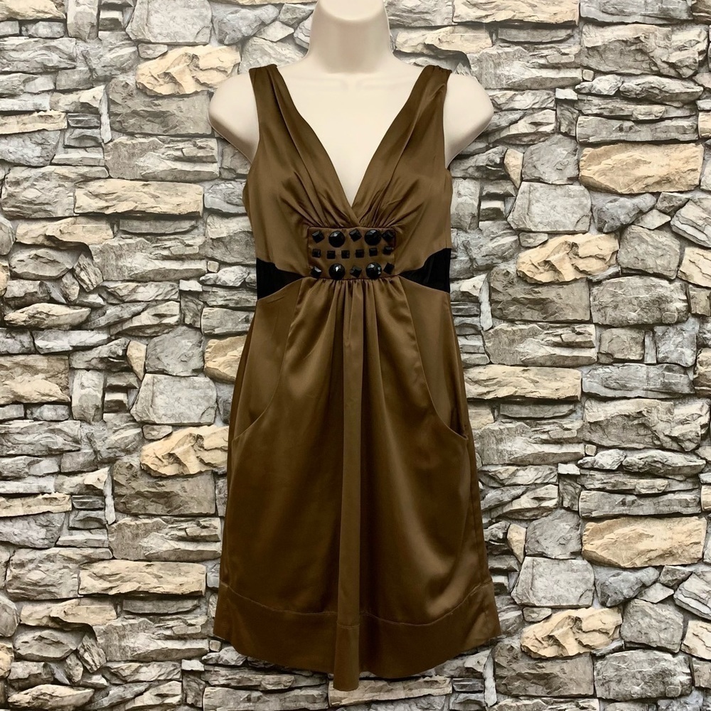 #152 BCBGeneration Jeweled Embellished Mesh Bronze Chocolate Satin Dress BCBG 2